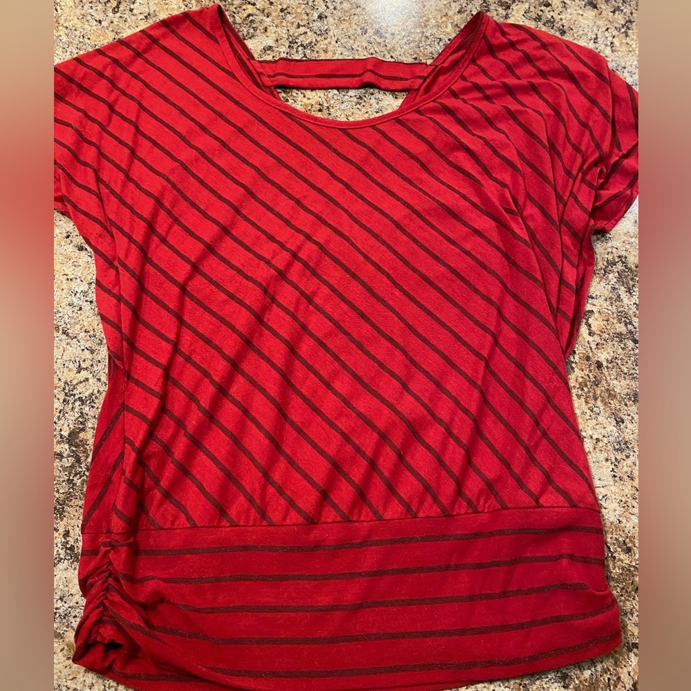 Maurices Studio Y Diagonal Stripe Open Back Ruched Banded Bottom Knit Top